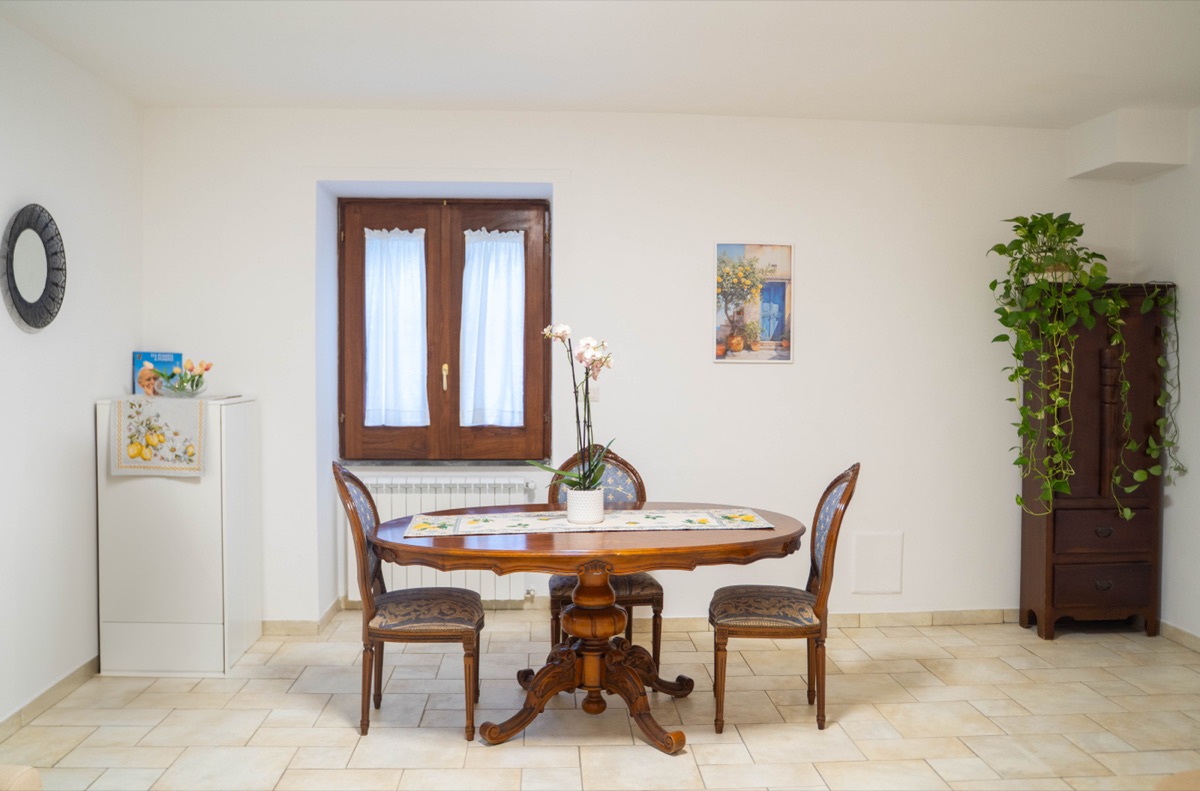 Sala con tavolo ovale in legno, sedie imbottite e piante